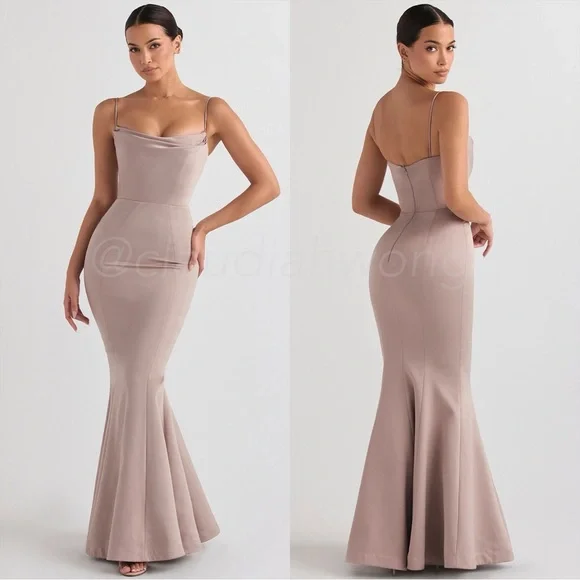 HOUSE OF CB Violette Mushroom Satin Fishtail Gown - Picture 11 of 11